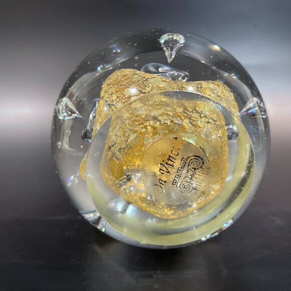 Vintage Glass Paperweight Clear Controlled Bubbles Gold Flecks 4"x4"x4" Da Vinci - Picture 5 of 6